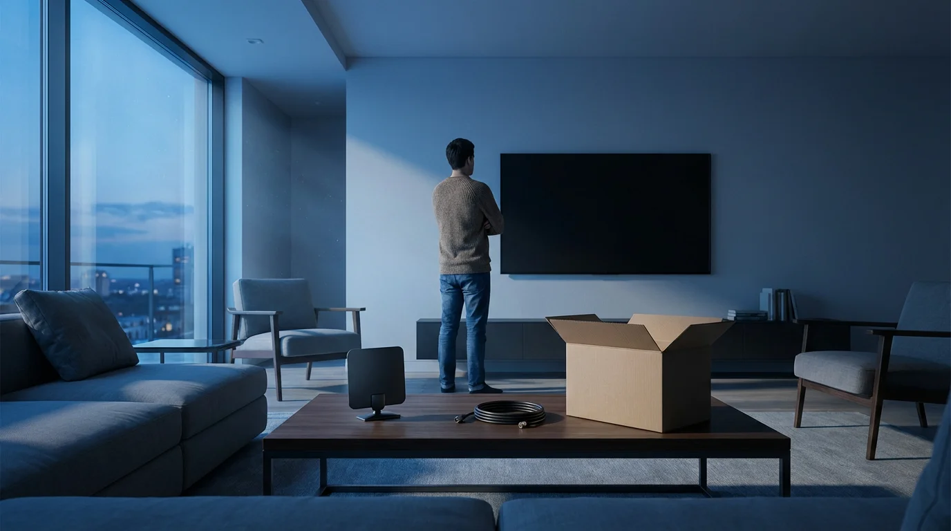 Person in a living room at dusk looking at a blank TV with an uninstalled antenna.