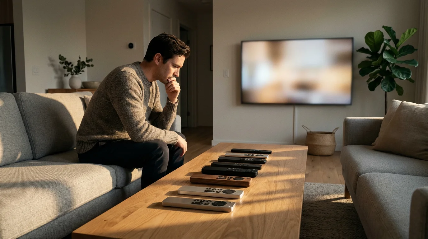 Person in a living room choosing between several different streaming service remote controls.