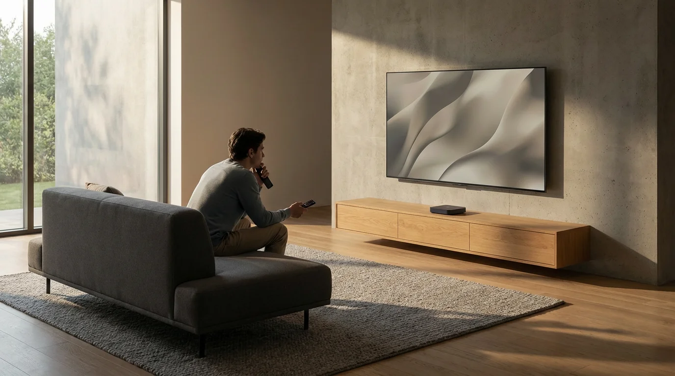 Person in a modern living room holding two remotes, deciding between smart TV and streaming device.