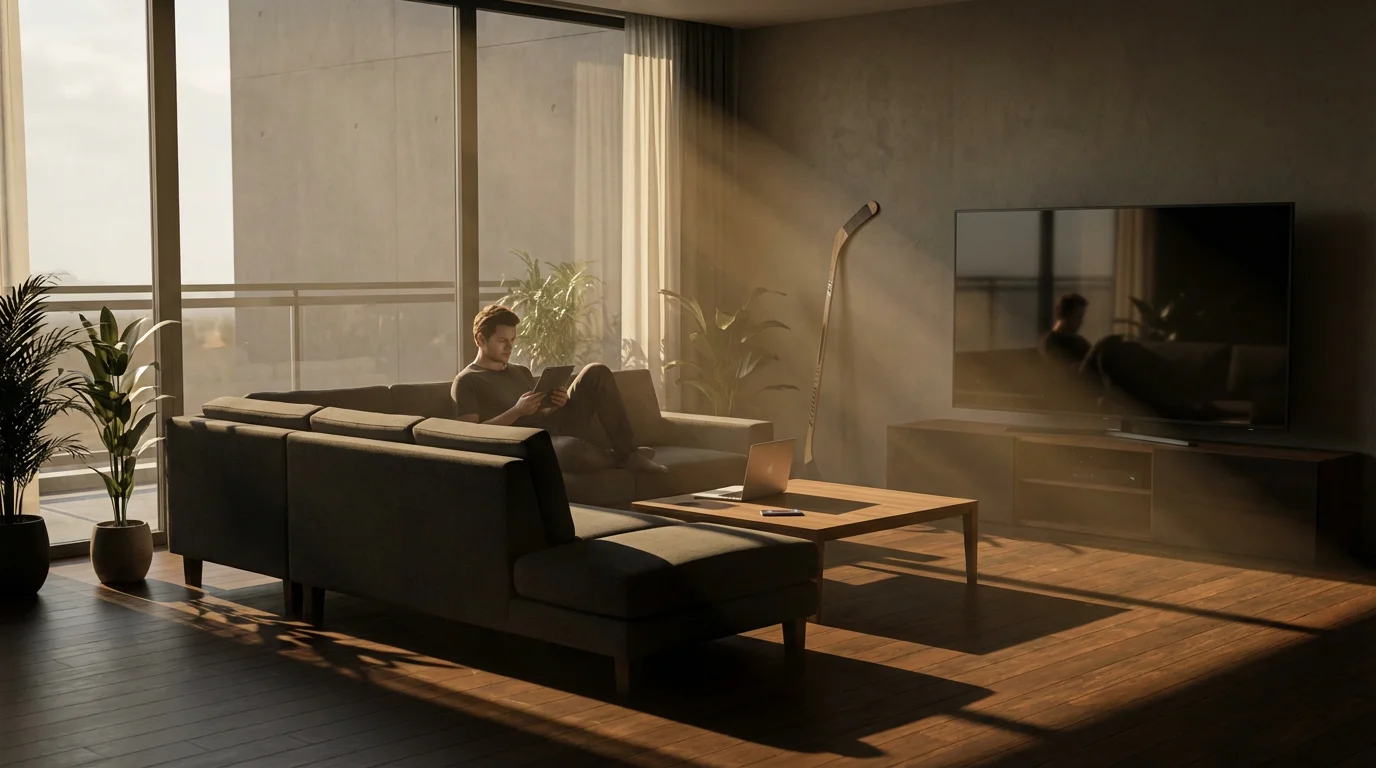 Person in a modern living room researching hockey streaming options on a tablet.