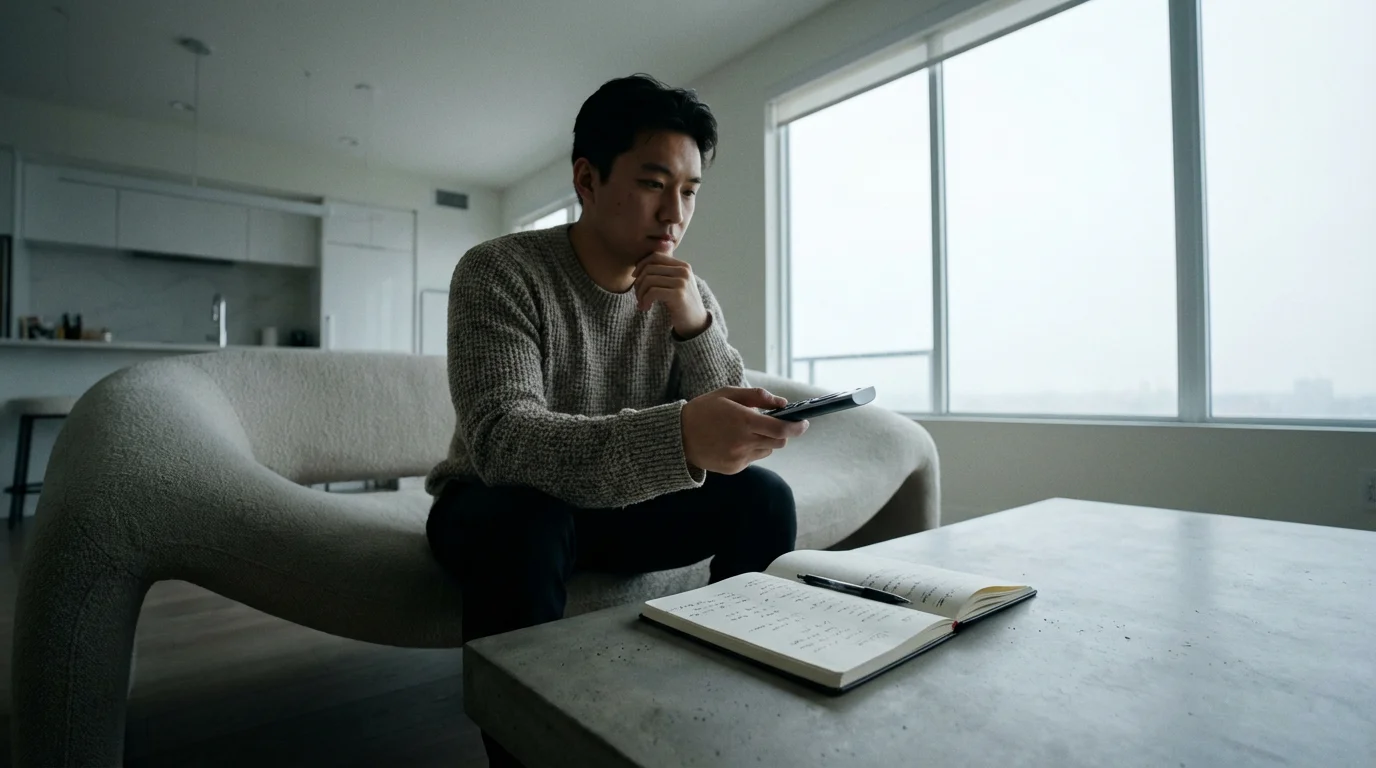 Person in a modern living room thoughtfully holding a remote, deciding on entertainment choices.