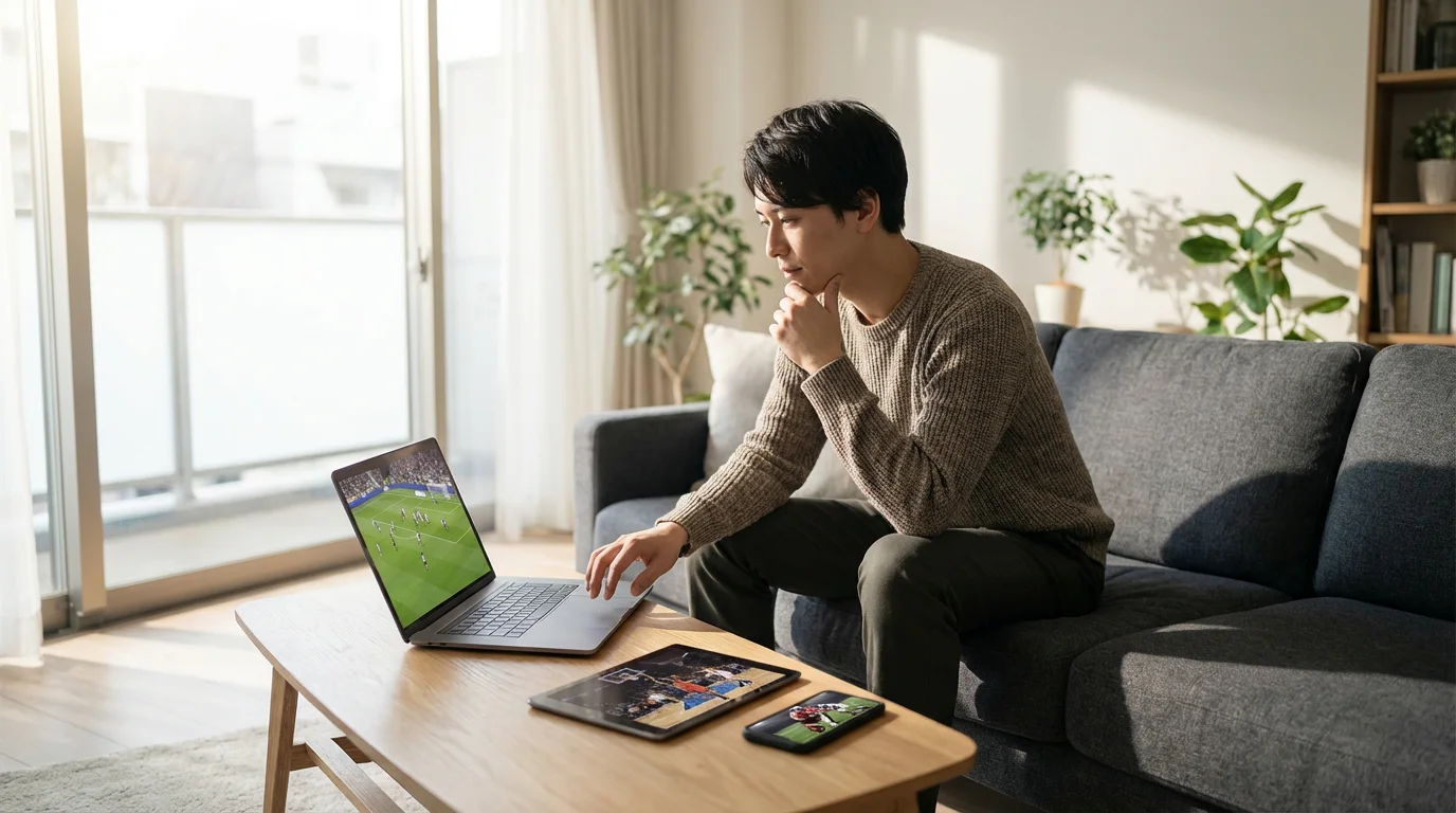 Person in a modern living room watching different sports on a laptop and tablet.