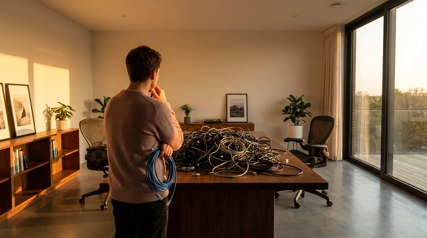 Person in a modern office looking at a tangled mess of internet cables at sunset.