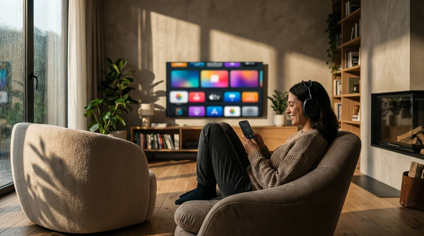 Person in a moody living room using a phone remote with headphones on.