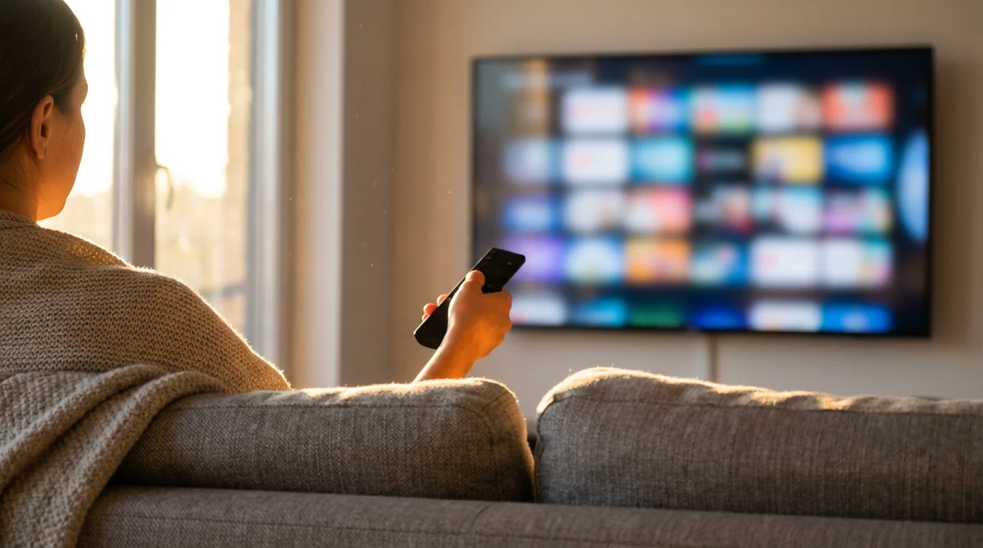 Person looking at streaming service menu on TV screen holding remote in sunny living room.