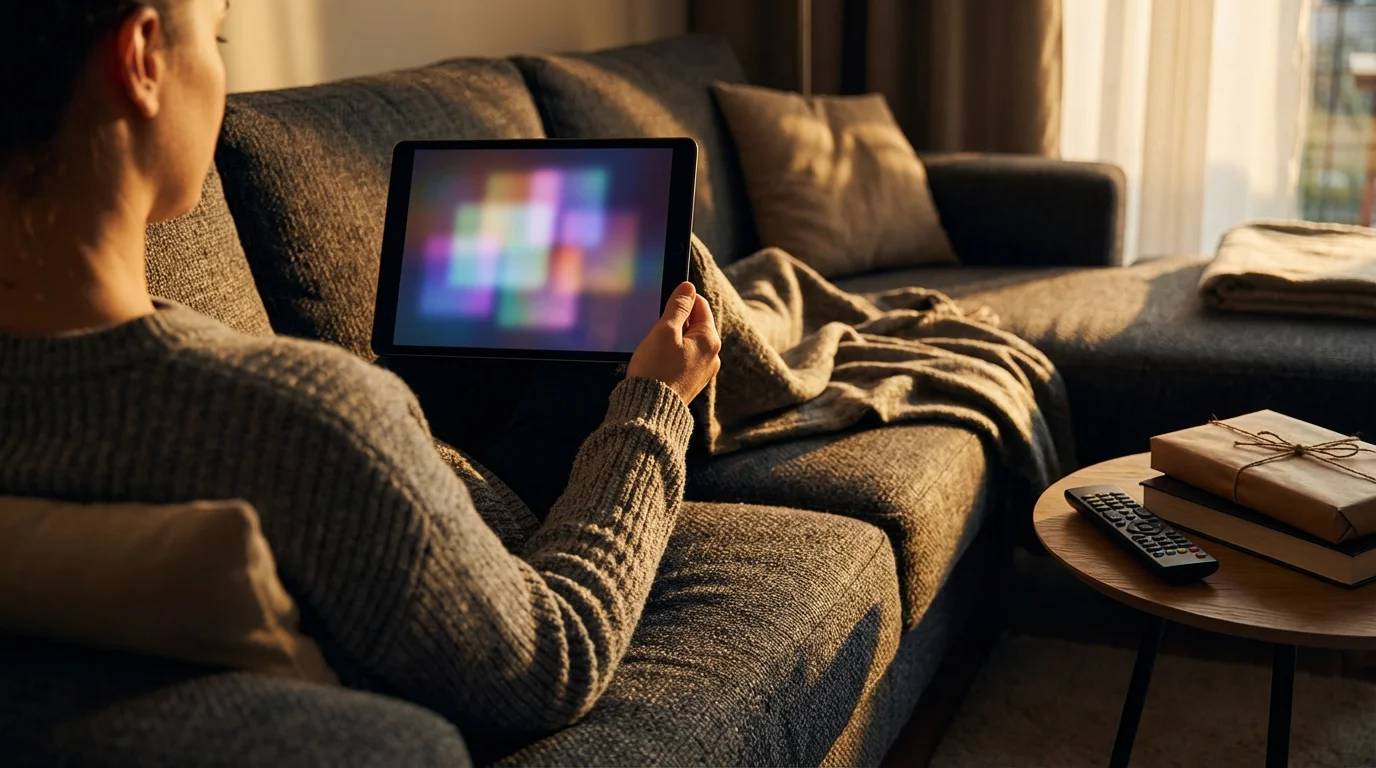 Person looking at tablet on sofa in moody afternoon lighting symbolizing streaming bundles.