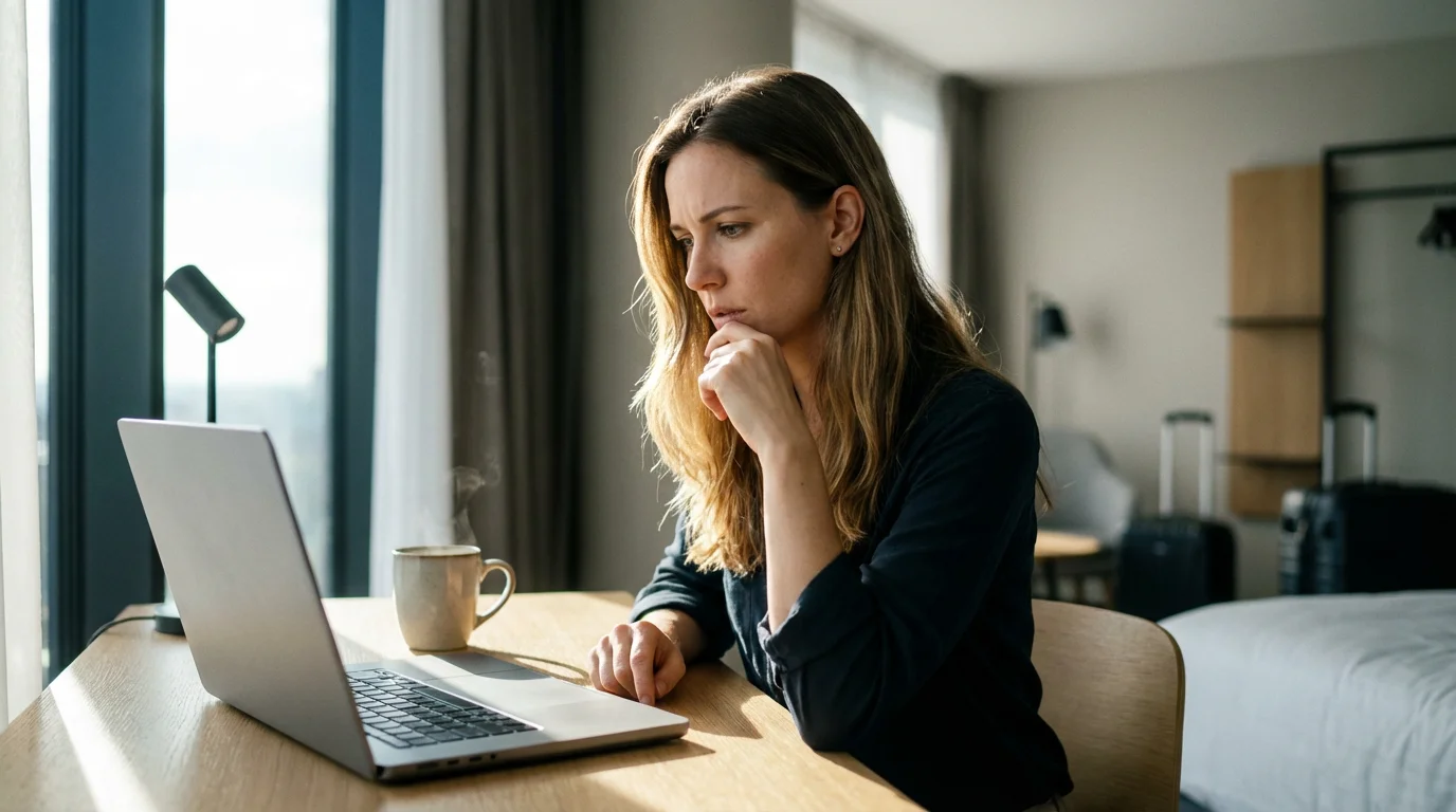 Person looking concerned at laptop in sunny room representing internet access issues.