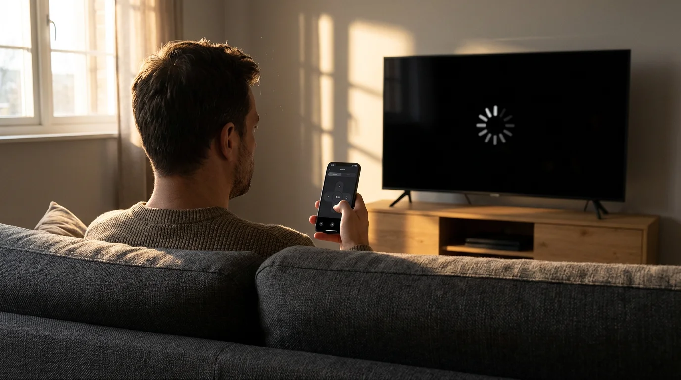 Person looking from smartphone to TV, troubleshooting a streaming remote connection in a living room.