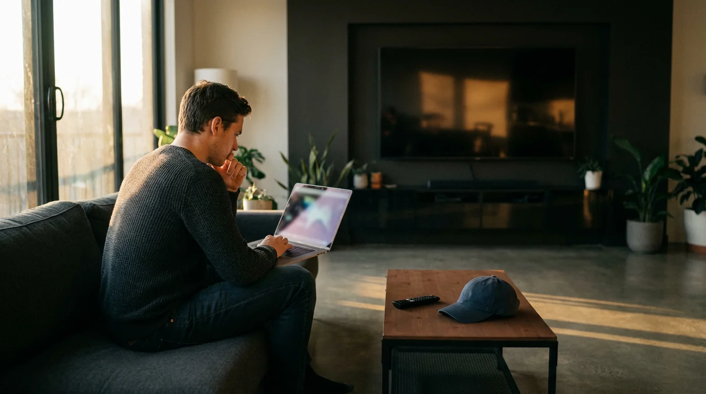 Person on a couch with a laptop and baseball cap, contemplating streaming options.