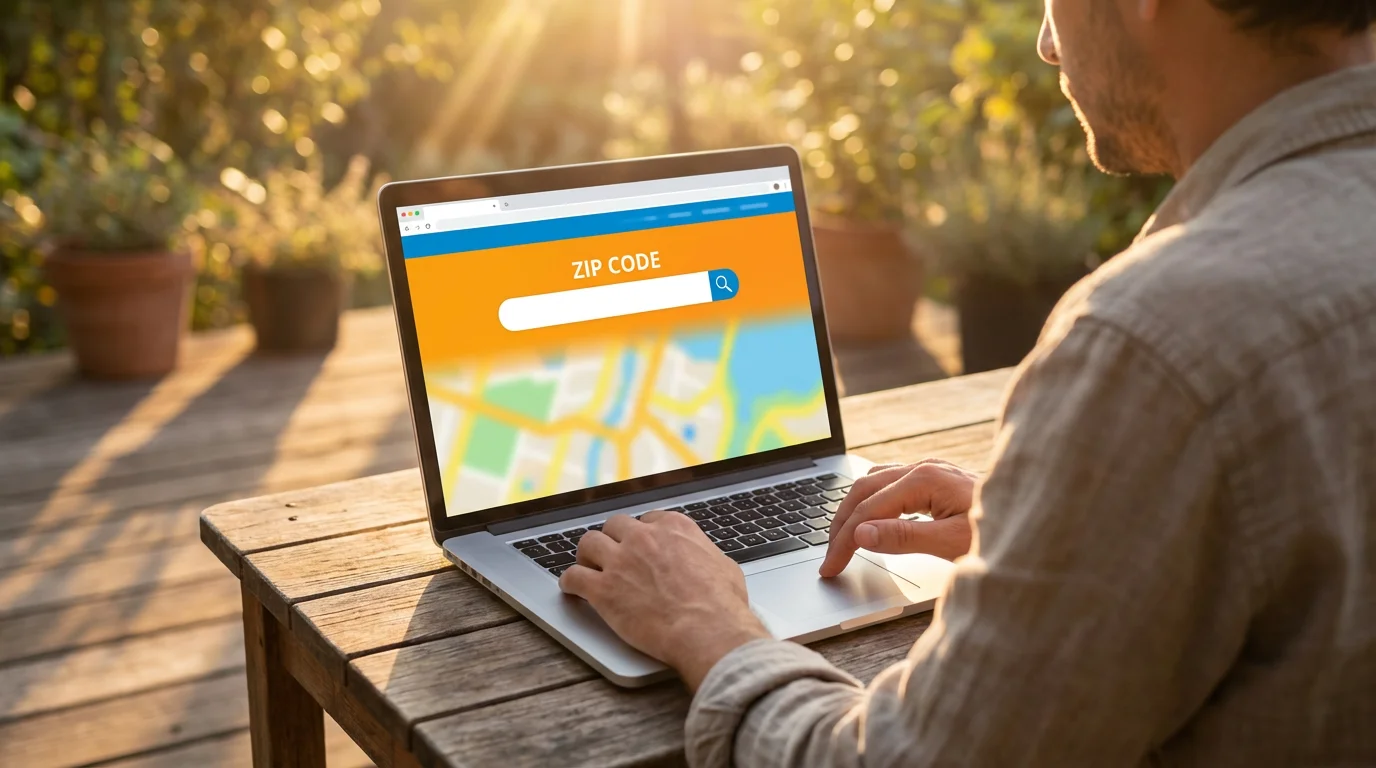 Person on a patio at sunset checking local channel availability on a laptop.