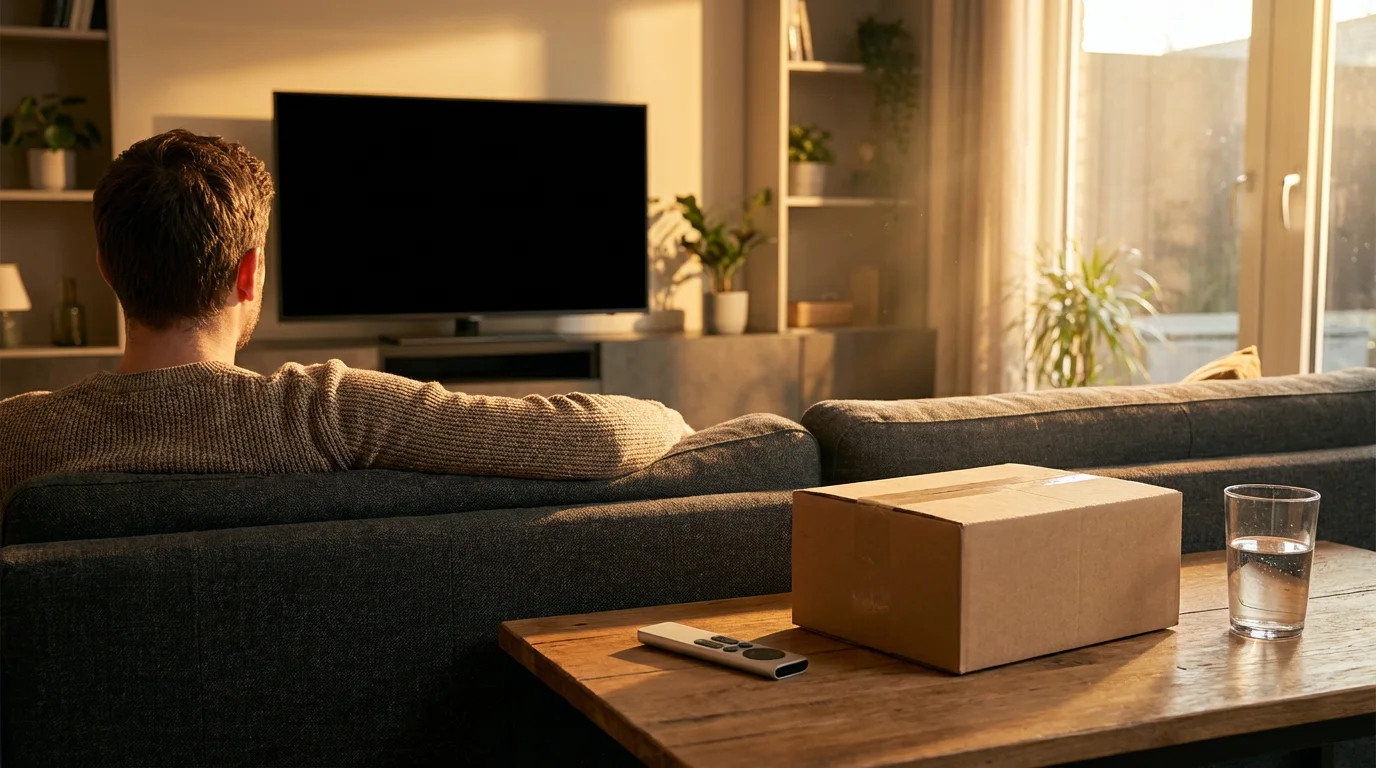 Person on sofa looking at TV with shipping box on table during golden hour.