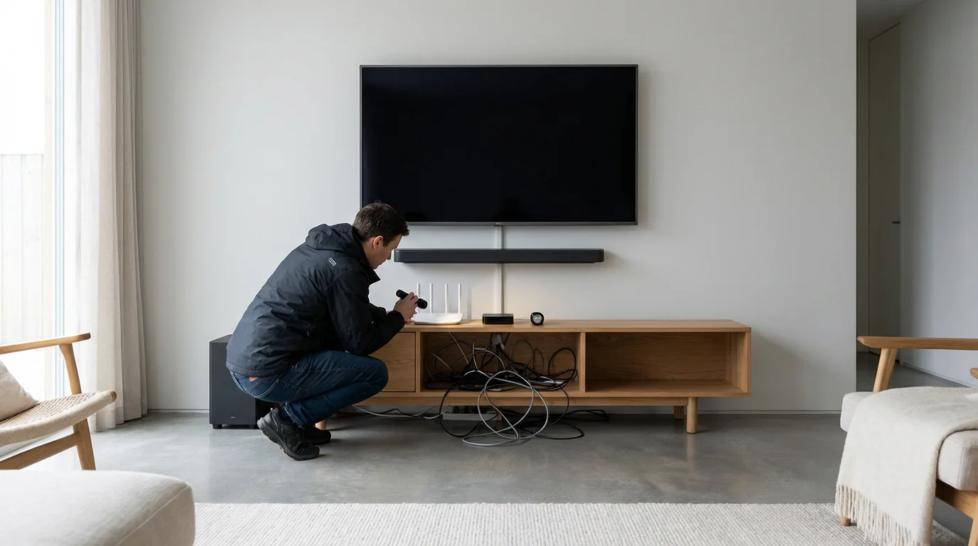 Person optimizing their home entertainment setup with a router and TV in a modern living room.