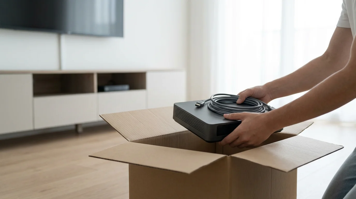 Person packing a generic cable box into a cardboard box in a modern living room.