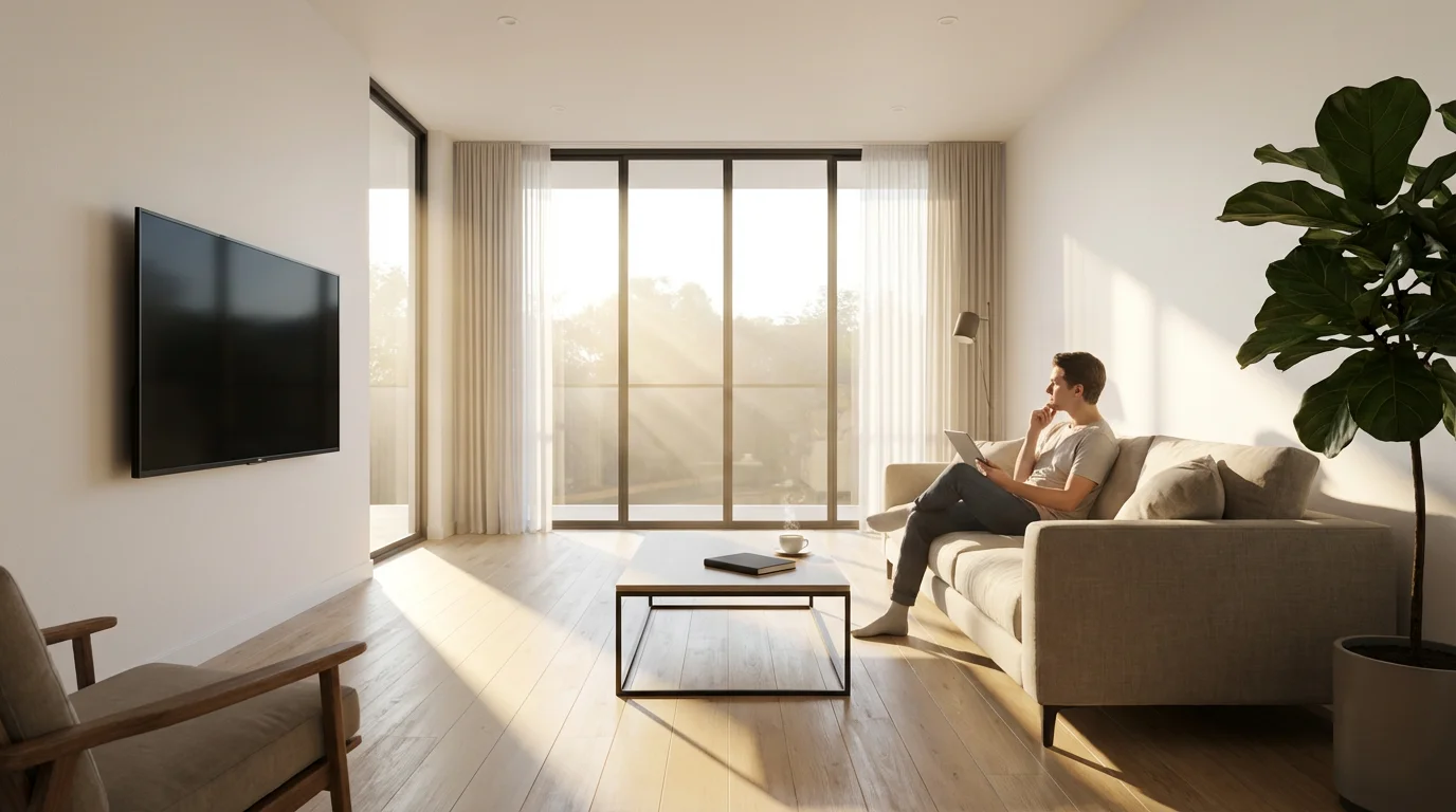 Person planning on tablet in sunny modern living room with wall-mounted TV