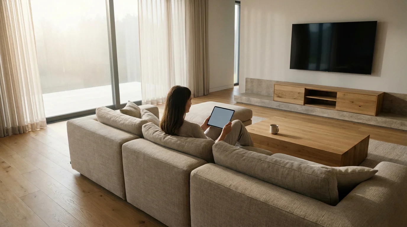 Person reviewing finances on a tablet in a sunny modern living room with a TV.