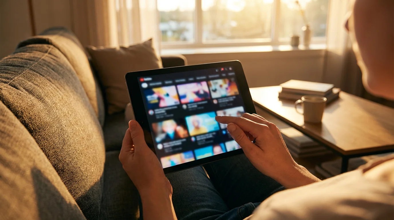 Person seen from over the shoulder, browsing video streaming choices on a tablet at sunset.