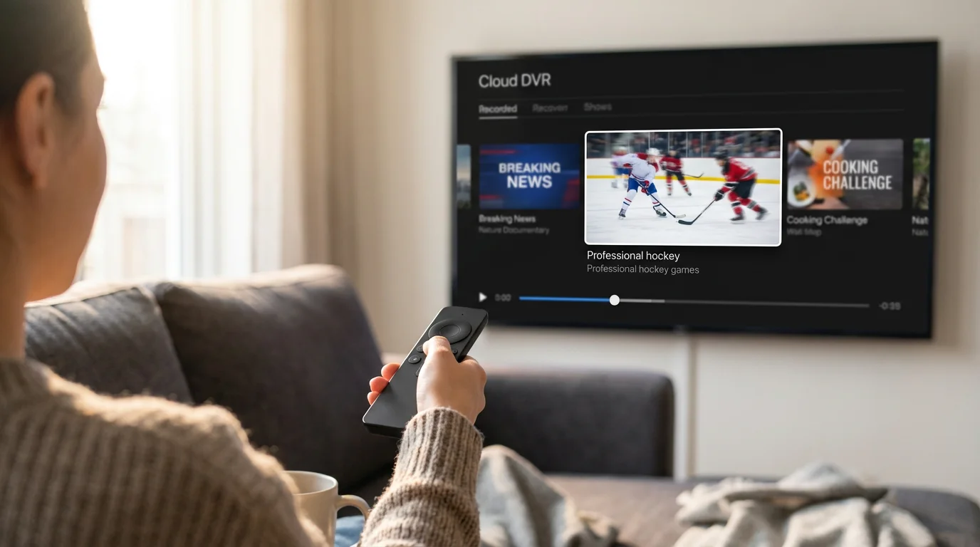 Person uses a remote to select a recorded hockey game on a modern TV DVR.