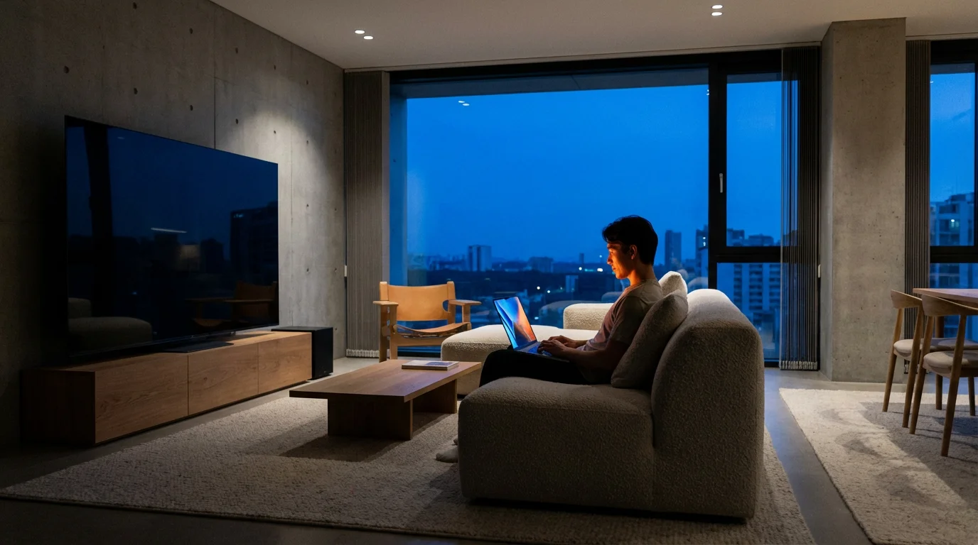 Person using a laptop in a modern living room at dusk, with a dark TV in the background.