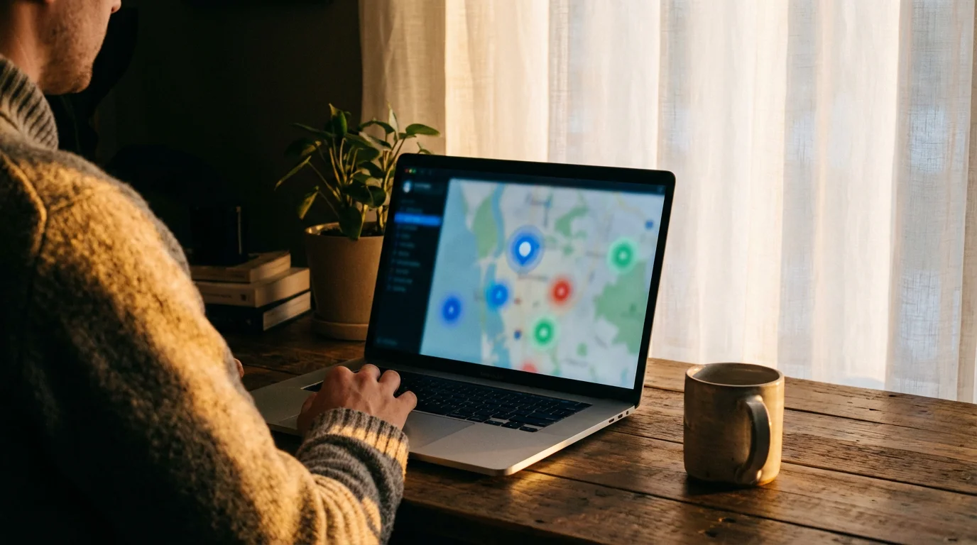 Person using a laptop to check service availability on a map during golden hour.