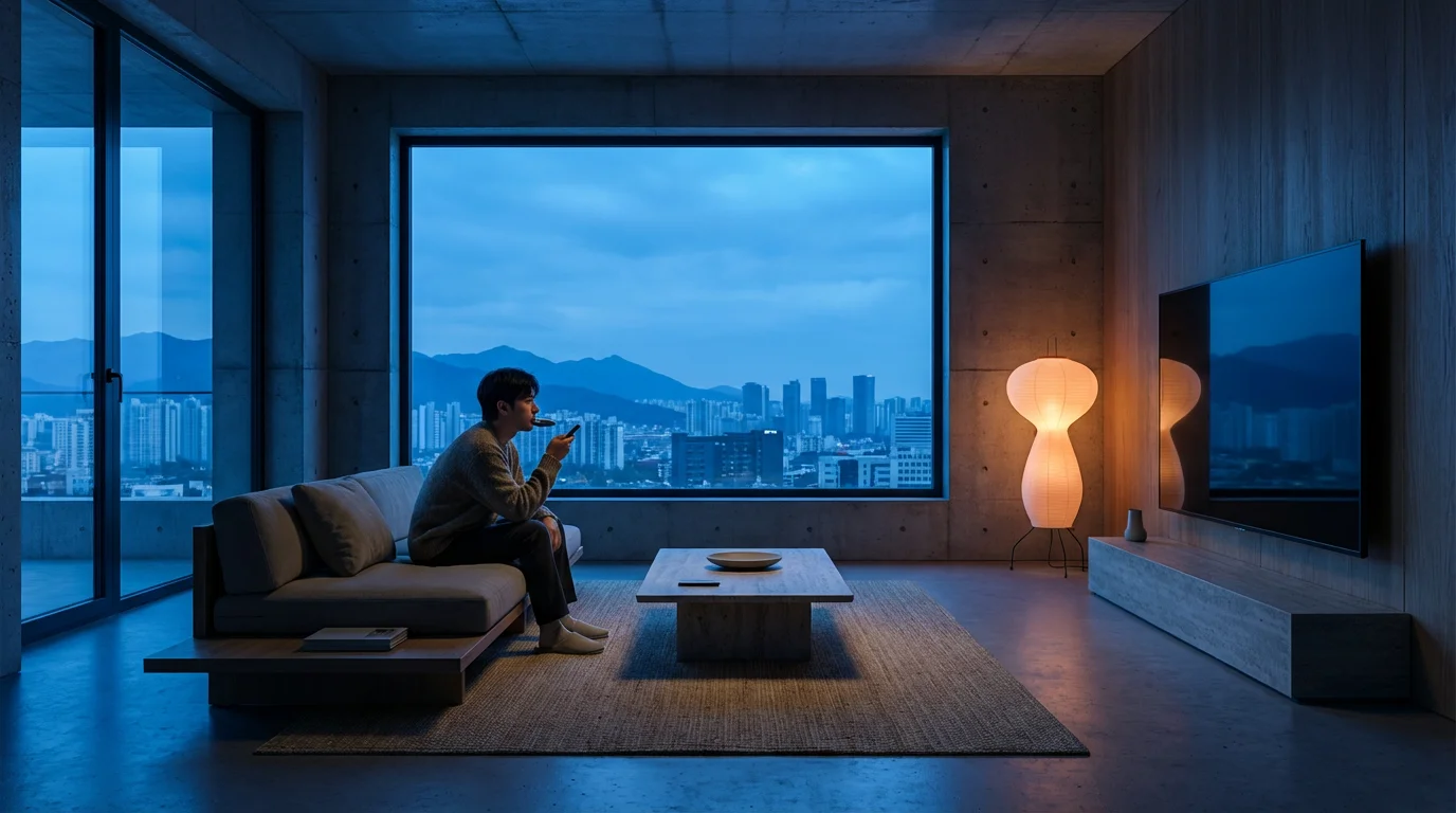 Person using a voice remote to control a smart lamp in a modern living room.