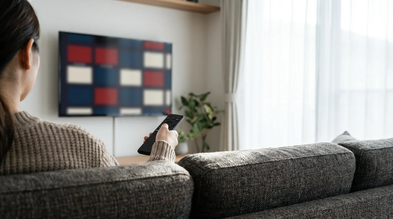 Person using remote to navigate streaming news interface on smart TV in living room