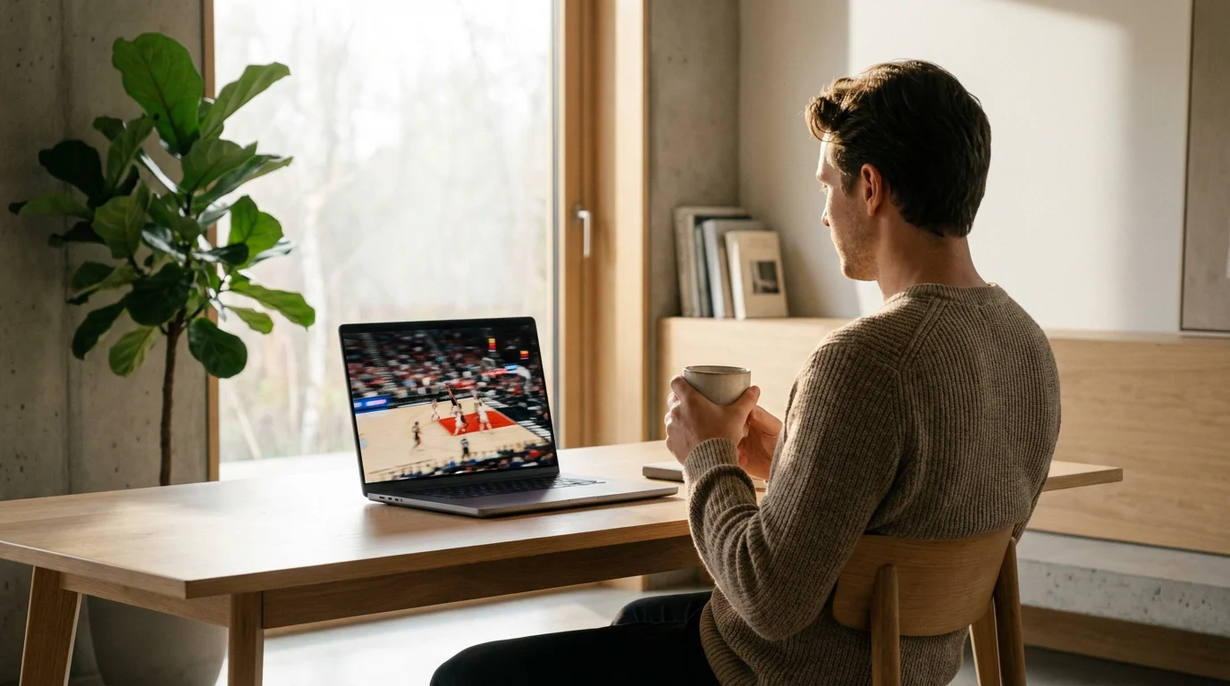 Person watching a basketball game on a laptop in a bright, modern home office.
