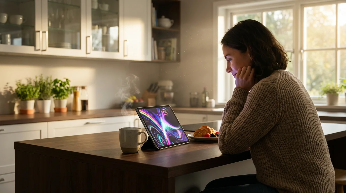 Person watching entertainment on a tablet in a sunny modern kitchen with coffee.