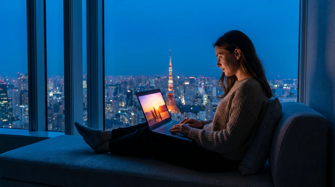 Person watching laptop in high-rise hotel room with city skyline at blue hour.