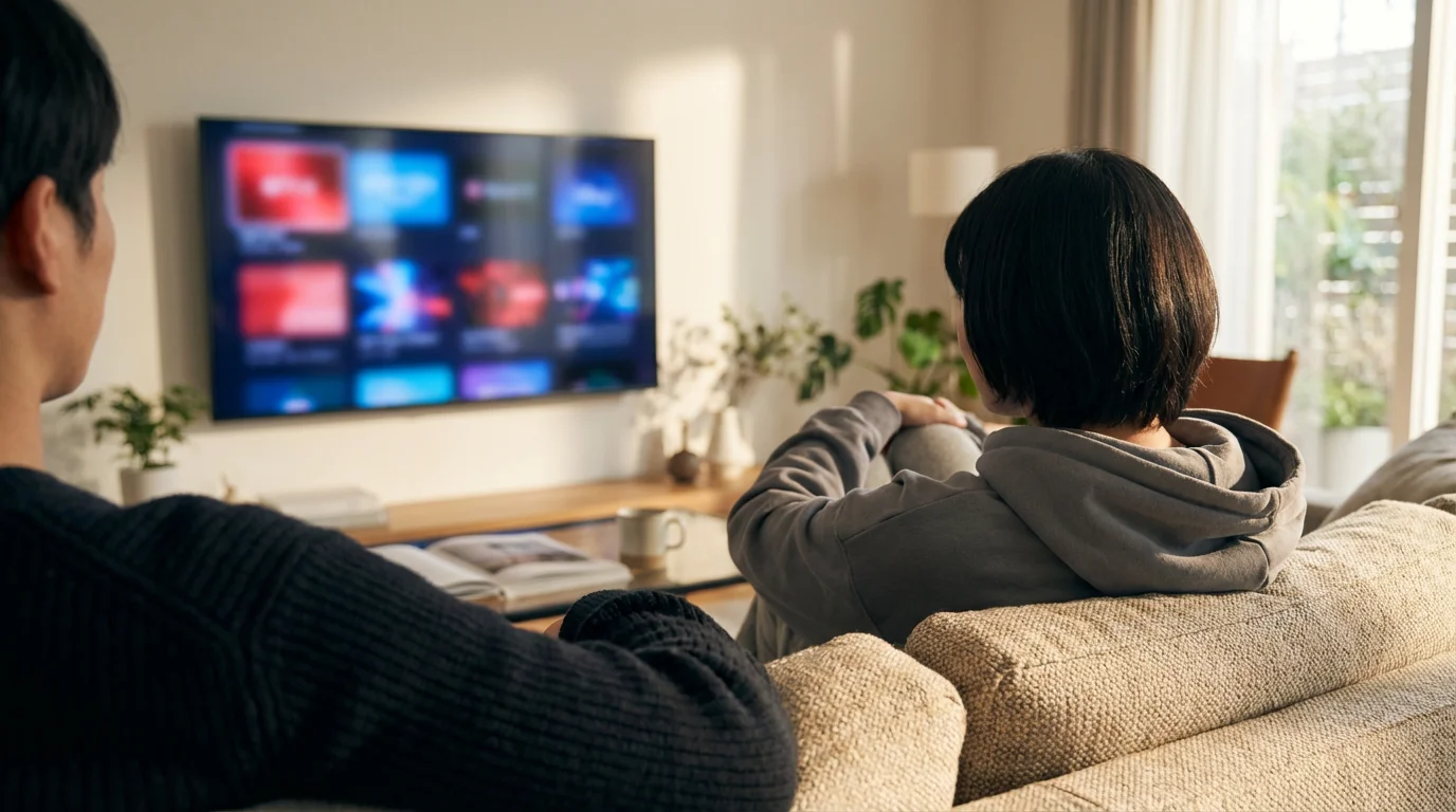 Person watching live TV streaming interface on smart TV in sunny living room.