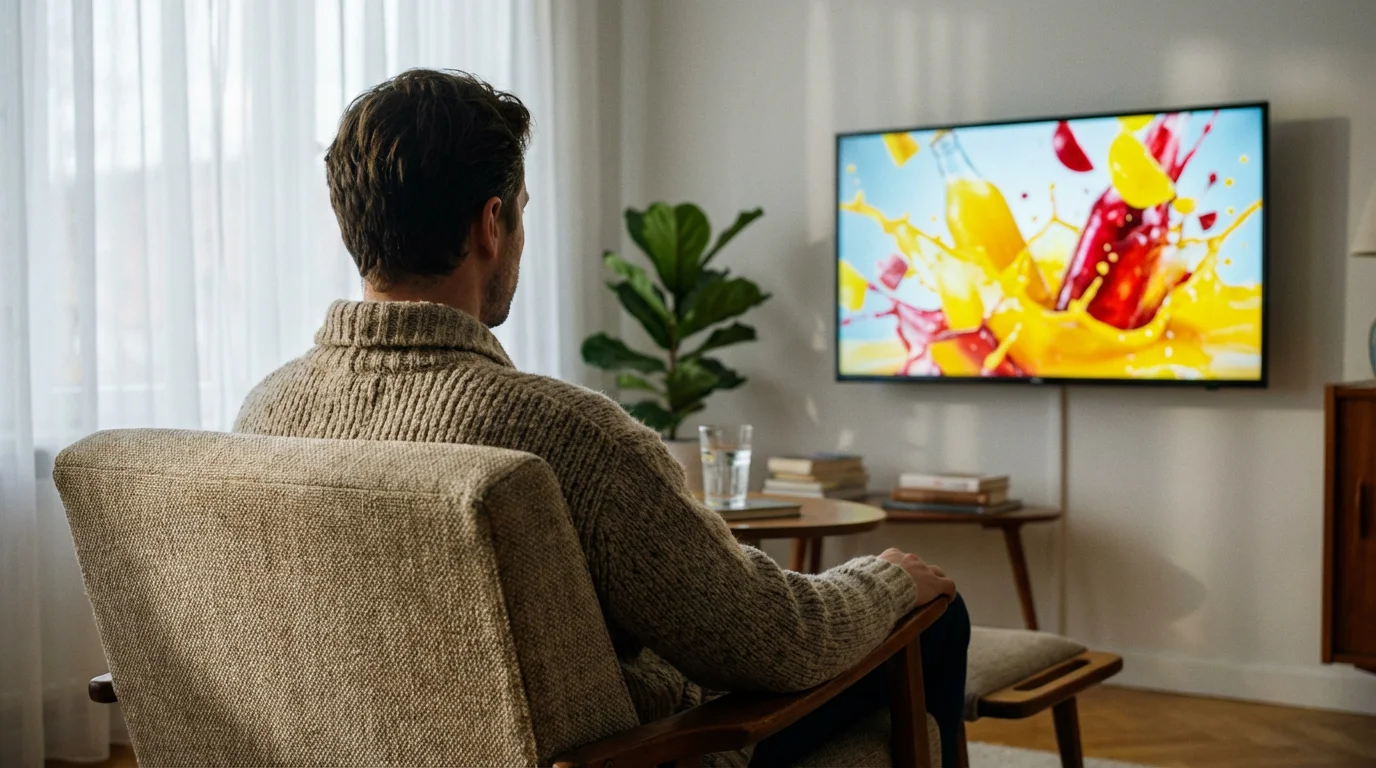 Person watching TV displaying abstract colorful ad-style imagery in a bright living room.