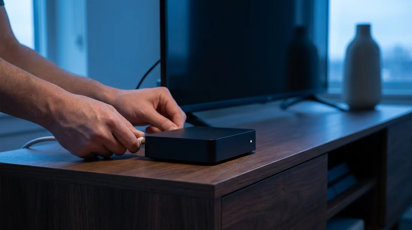 Person's hands connecting a coaxial cable to an over-the-air DVR device at dusk.