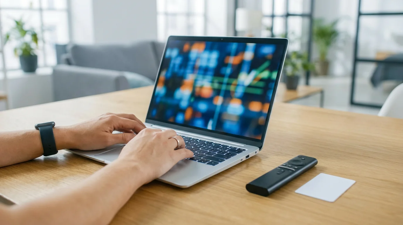 Person's hands on a laptop checking streaming service availability in a modern living room.