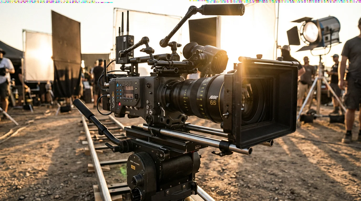 Professional movie camera rig on a film set during golden hour representing high production costs.