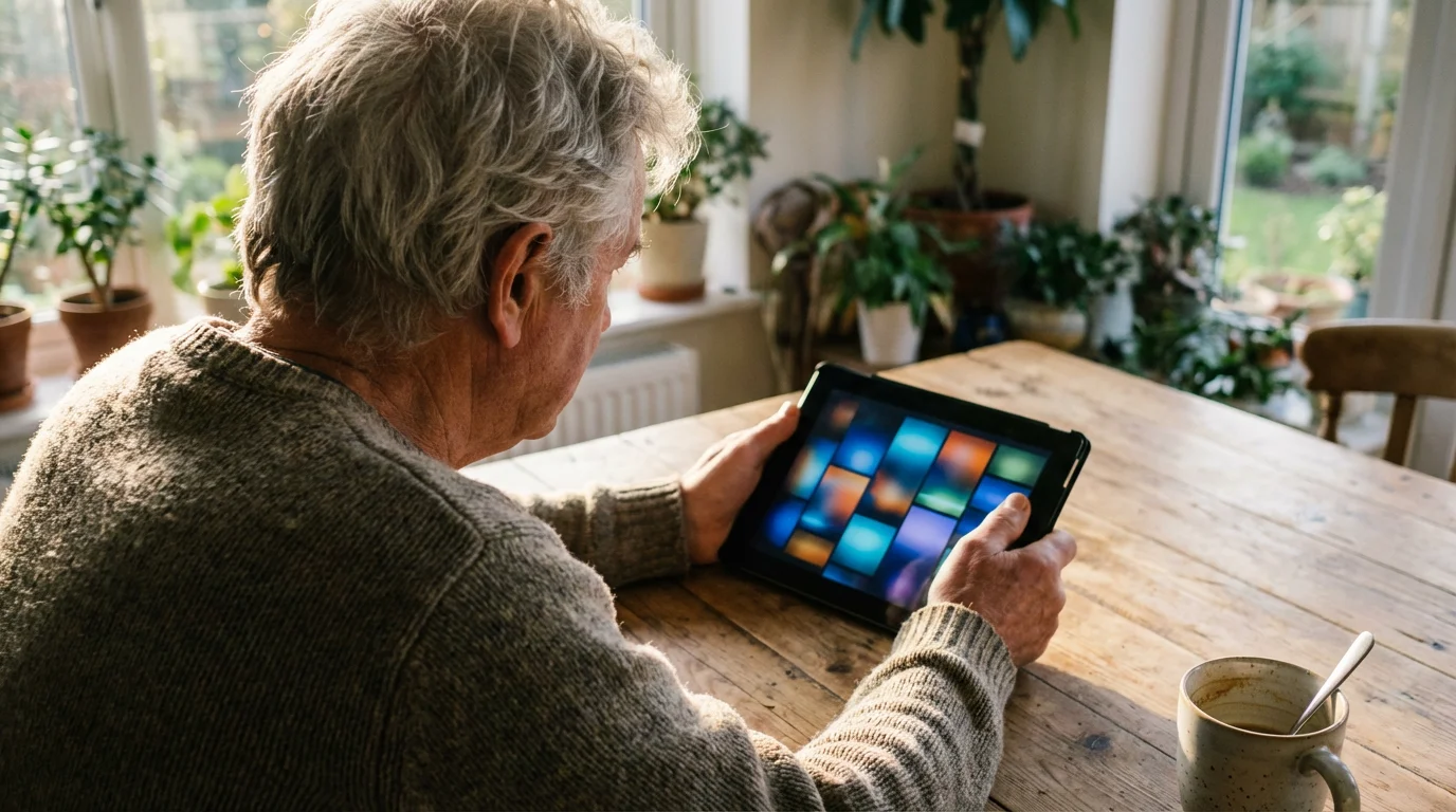 Senior man looking at streaming options on a tablet in a sunlit kitchen.