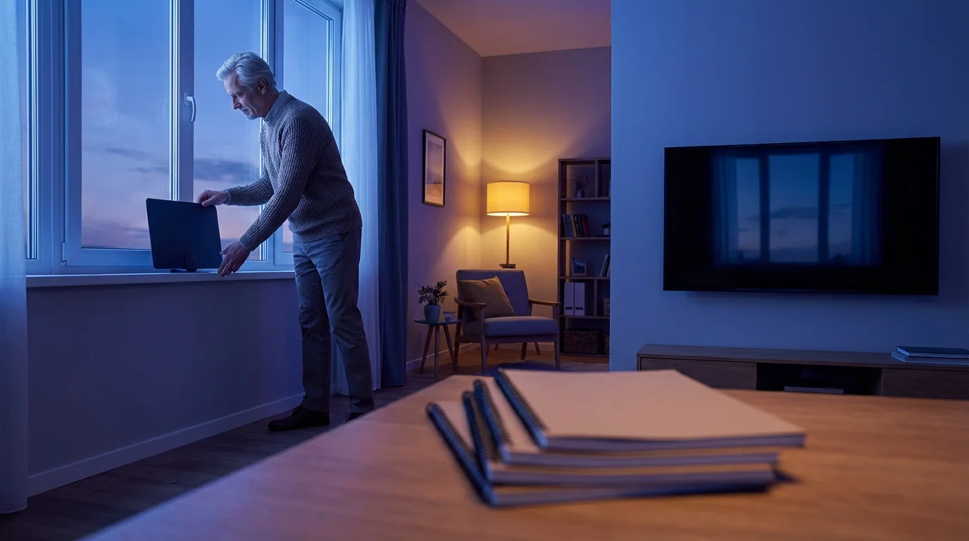 Senior man setting up flat indoor TV antenna near living room window at twilight