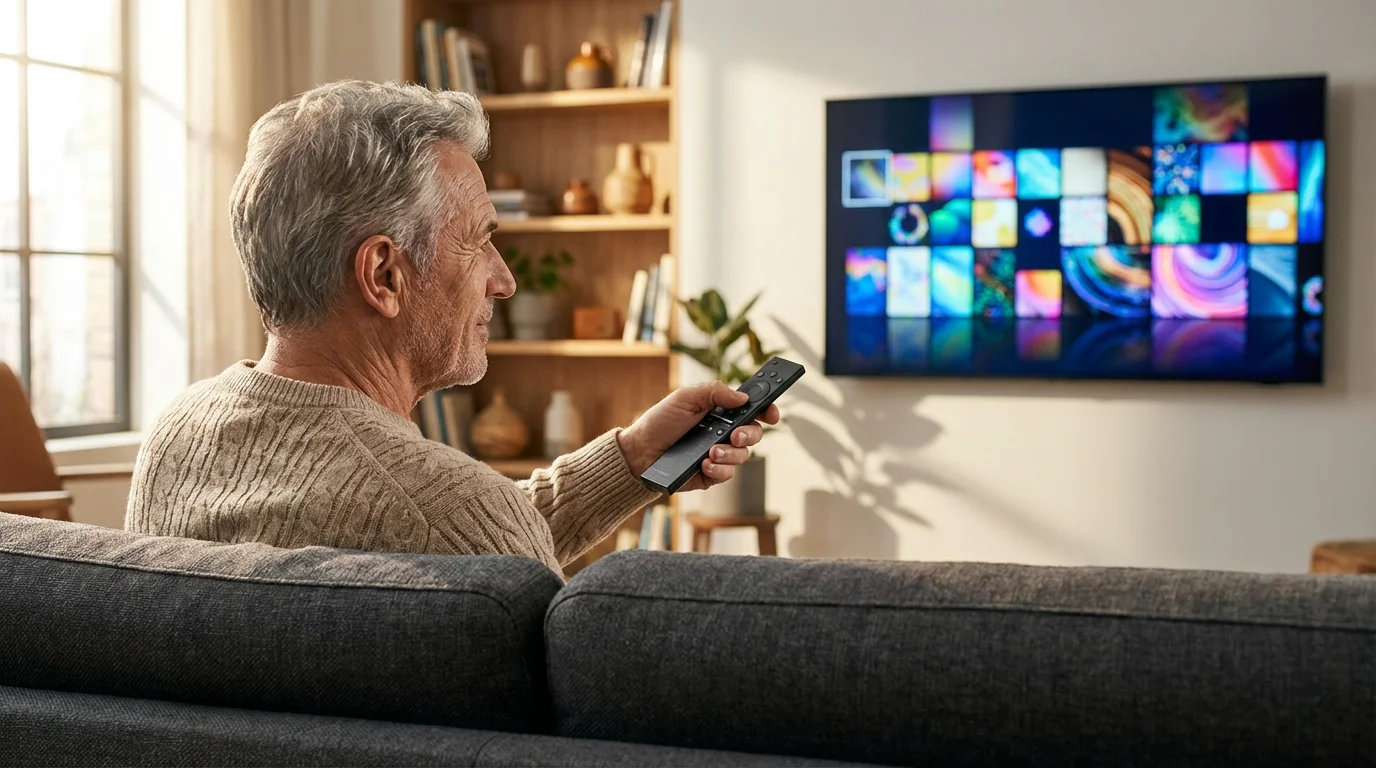 Senior man using remote to navigate colorful streaming app interface on smart TV.
