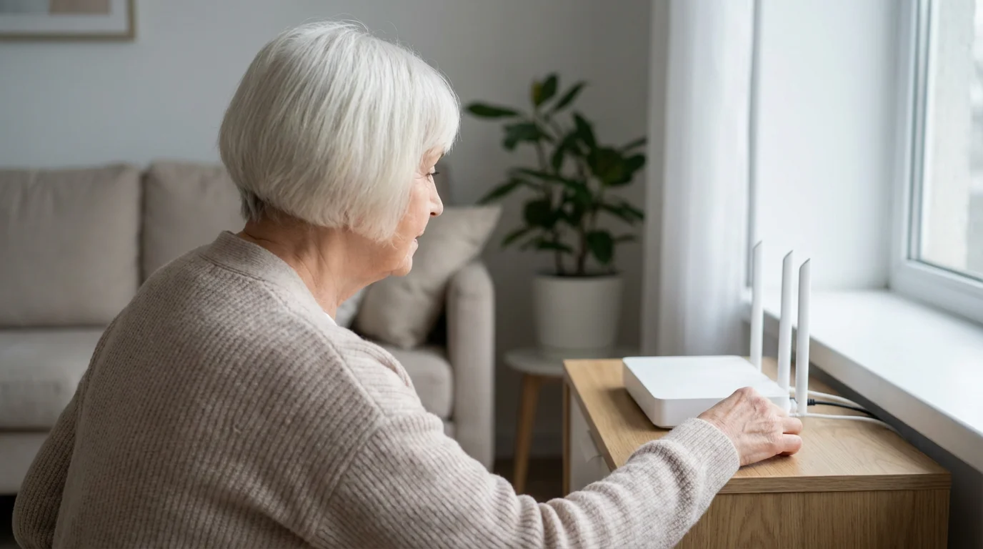 Senior woman checking a white Wi-Fi router connection in a bright living room.