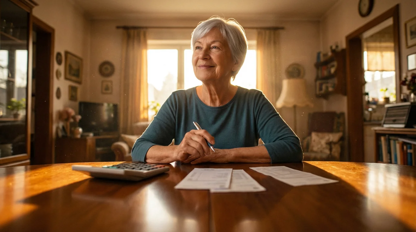 Senior woman smiling while calculating finances at a table in warm sunlight.