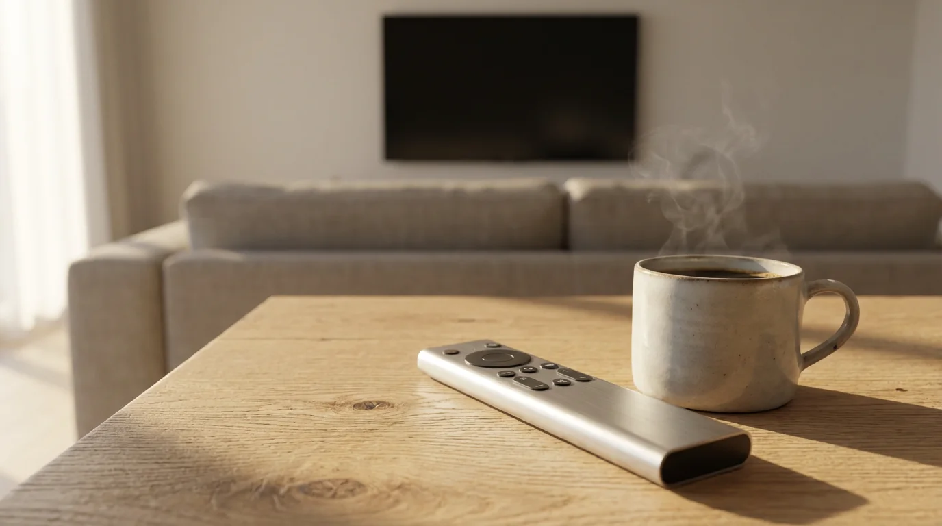 Sleek aluminum remote control and coffee cup on a wooden table in soft morning light.