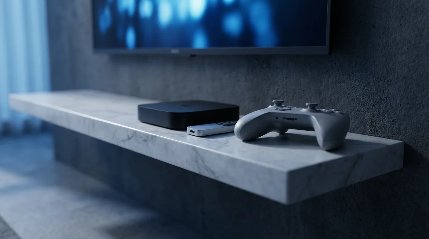 Sleek black streaming device, remote, and game controller on a modern floating shelf.