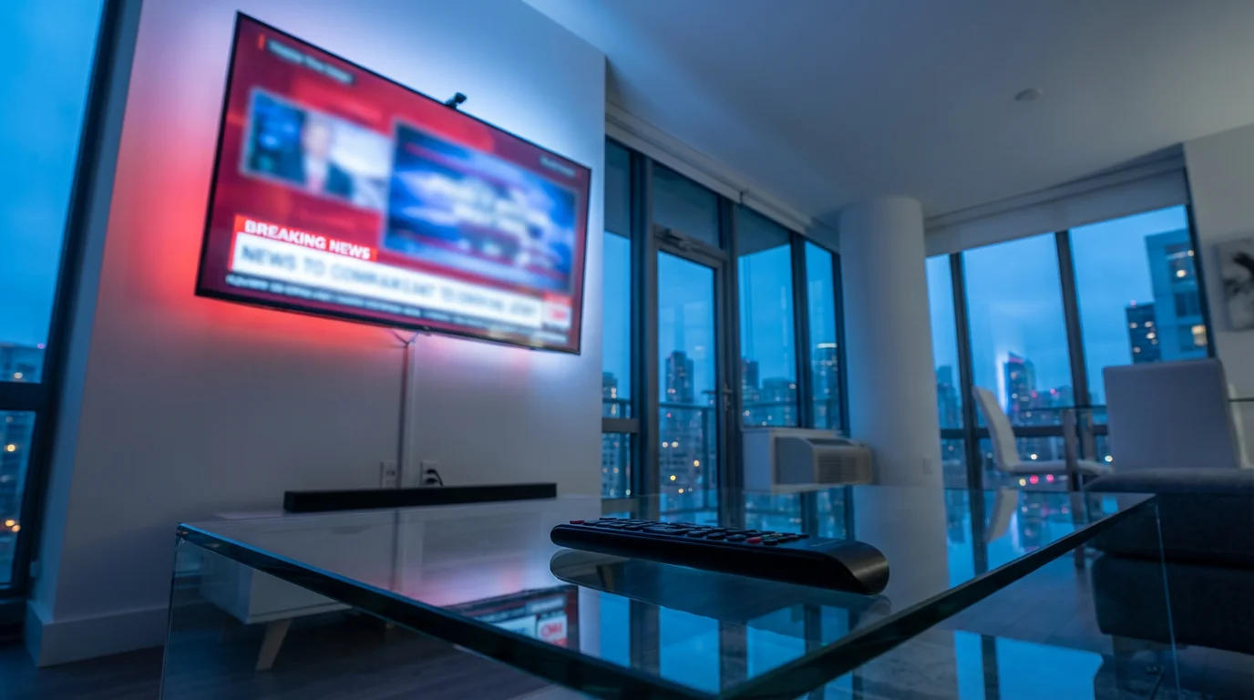 Smart TV displaying breaking news in a modern apartment during the evening.