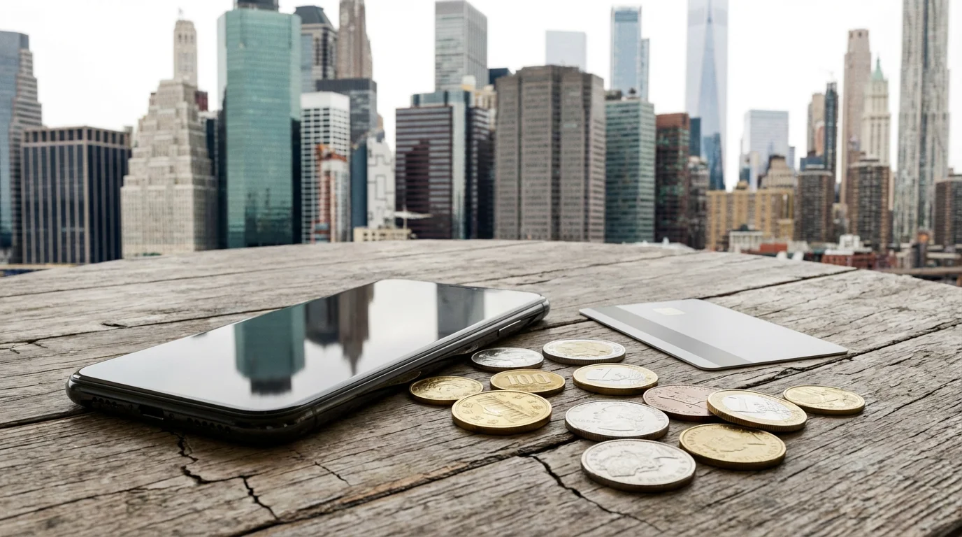 Smartphone and mixed international coins on a table representing global subscription pricing.