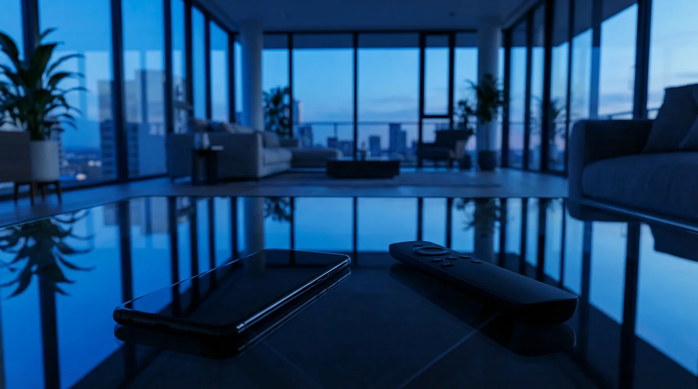 Smartphone and remote control on a glass table in a modern living room at dusk.