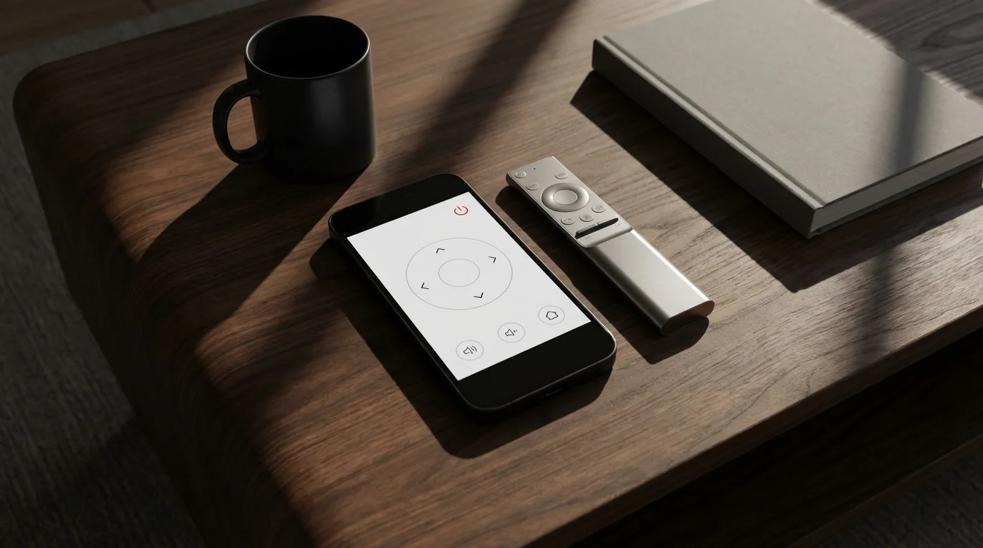 Smartphone with a remote control app next to a TV remote on a coffee table.