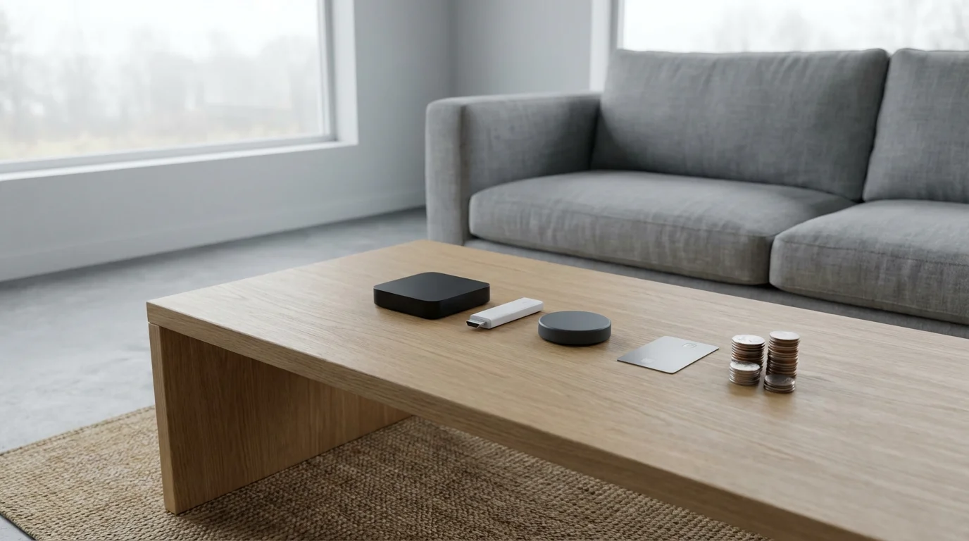Streaming devices, a credit card, and coins on a modern coffee table.