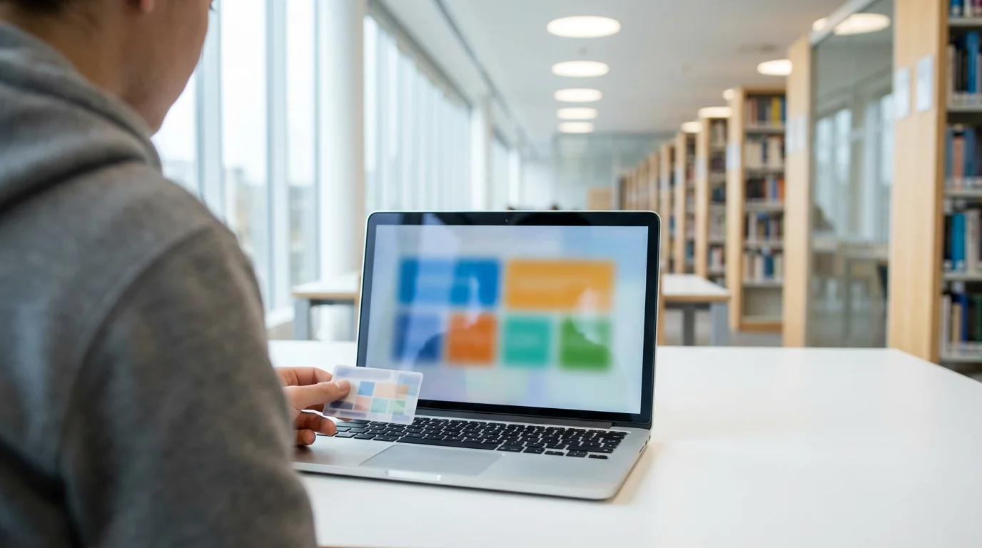 Student holding ID card in front of laptop to verify discount eligibility.