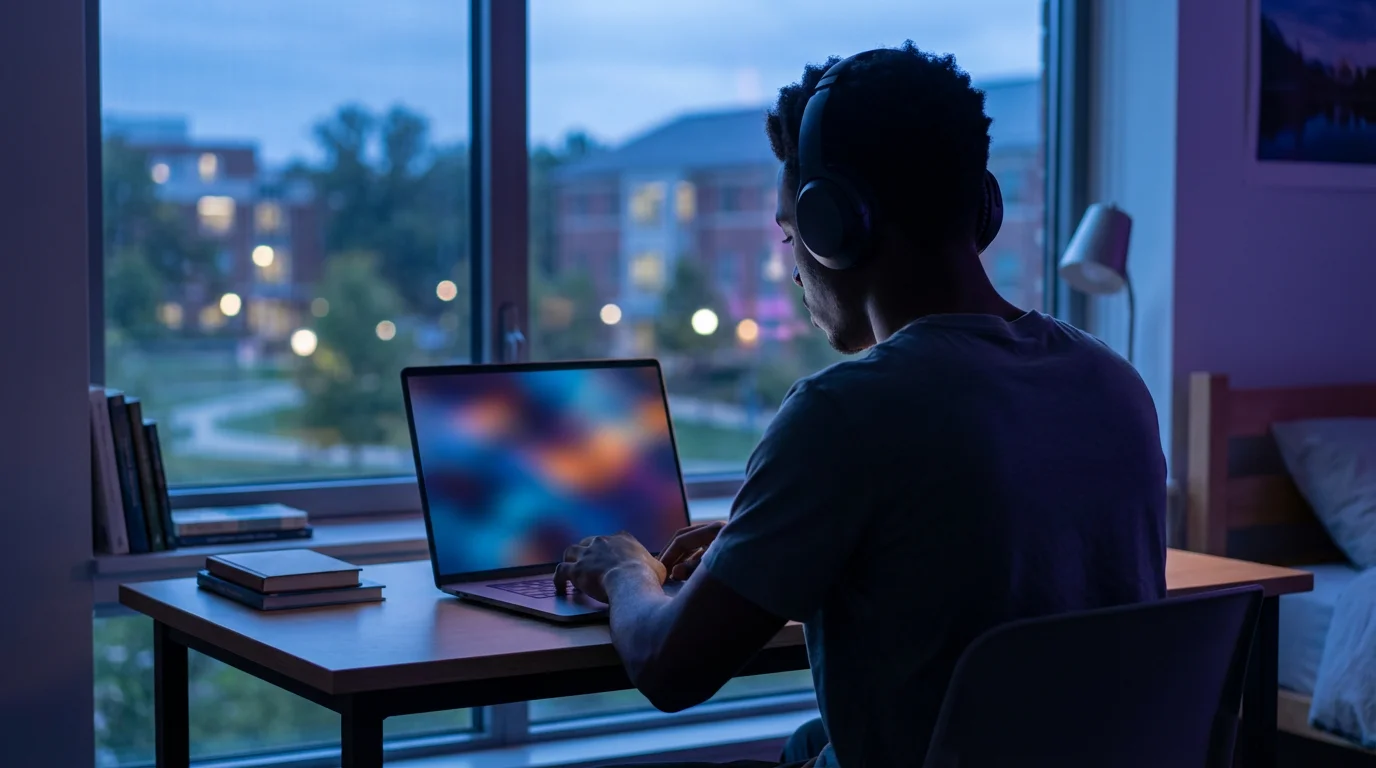 Student in a dorm room at dusk watching premium content on a laptop.