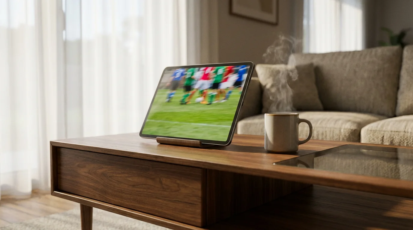 Tablet playing sports video on coffee table next to steaming coffee cup in morning light