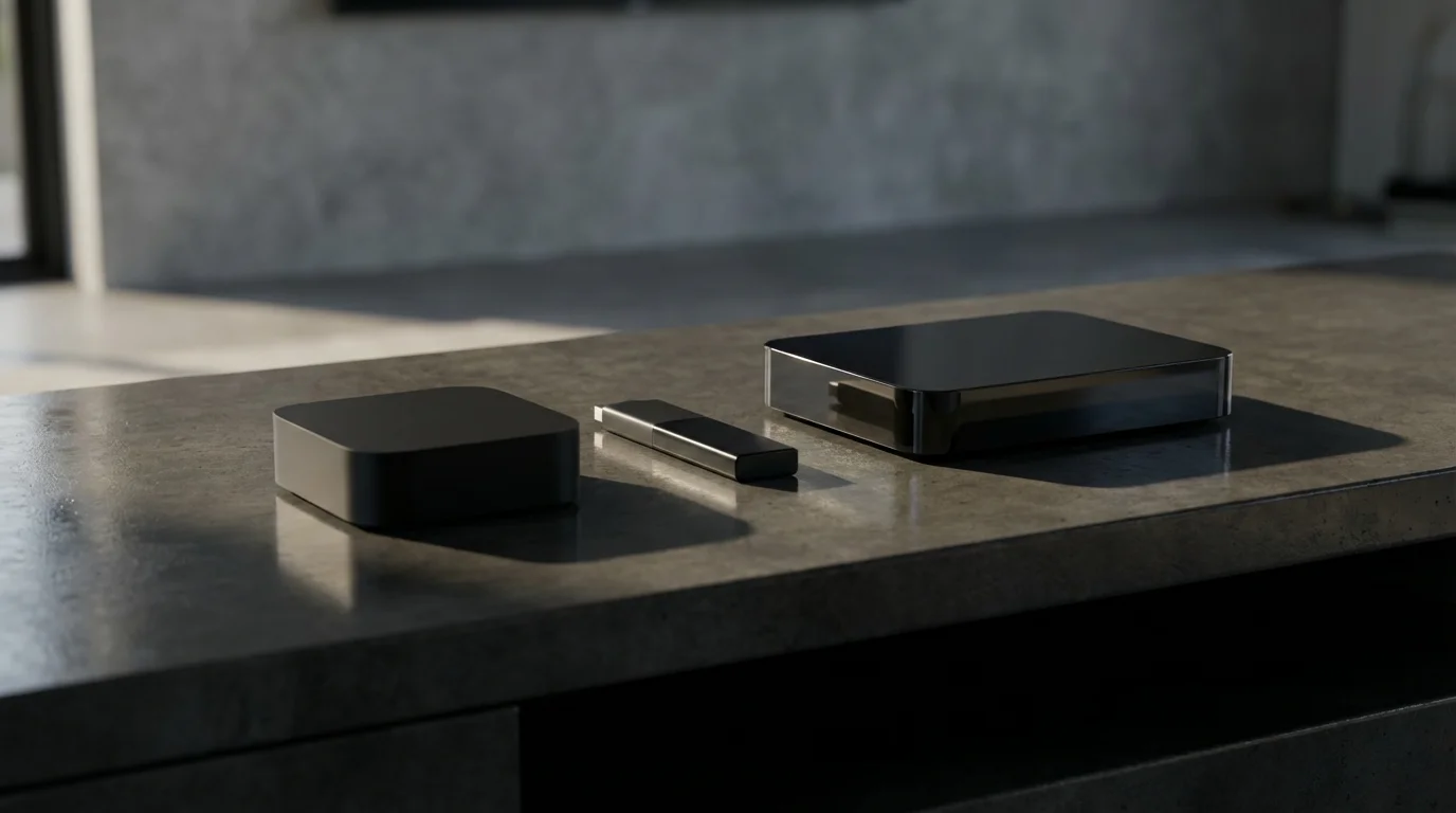 Three different generic streaming media devices in a row for a size and feature comparison.