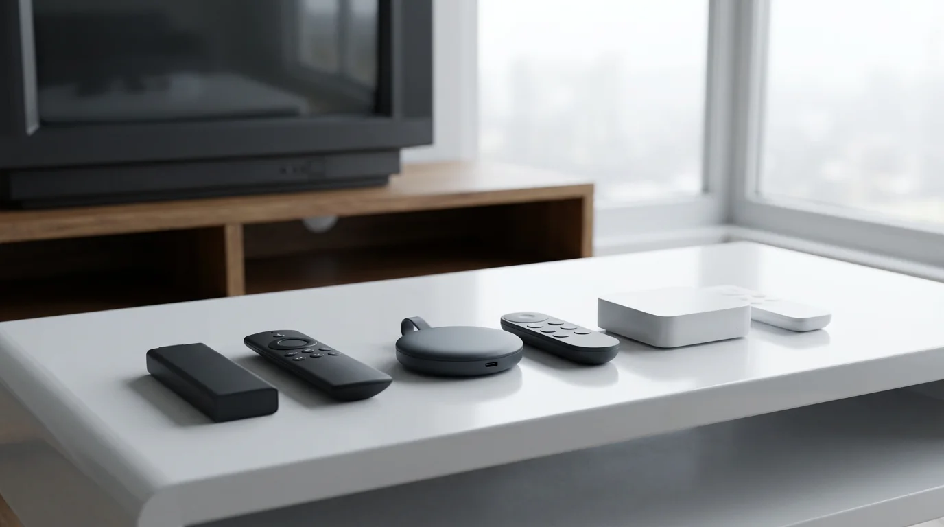 Three different modern streaming devices and remotes on a coffee table for comparison.